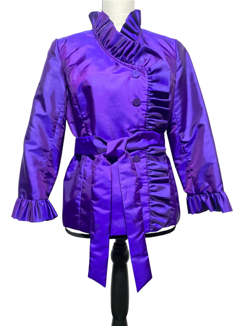 Calvin Klein Women's Petite M Royal Purple Silky Ruffle Collar Button Up Blouse